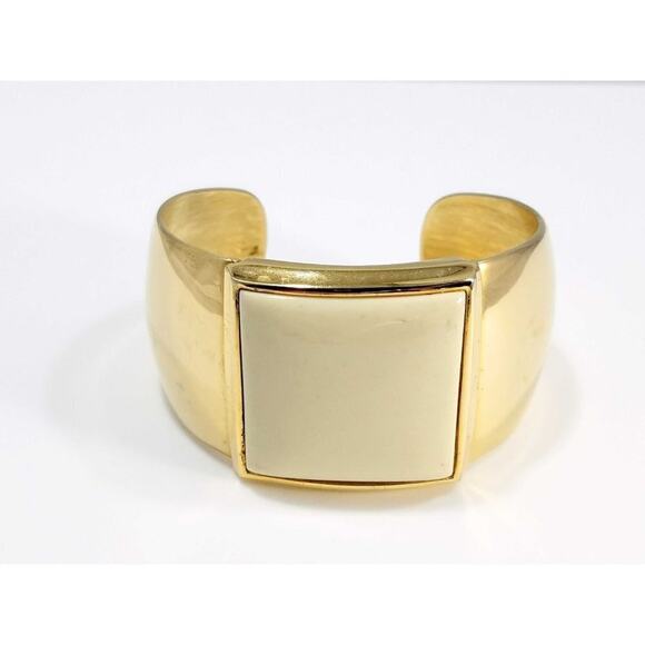Avon Gold Tone Cuff Bracelet Cream Lucite Square Vintage 1980s Jewelry - Picture 4 of 8